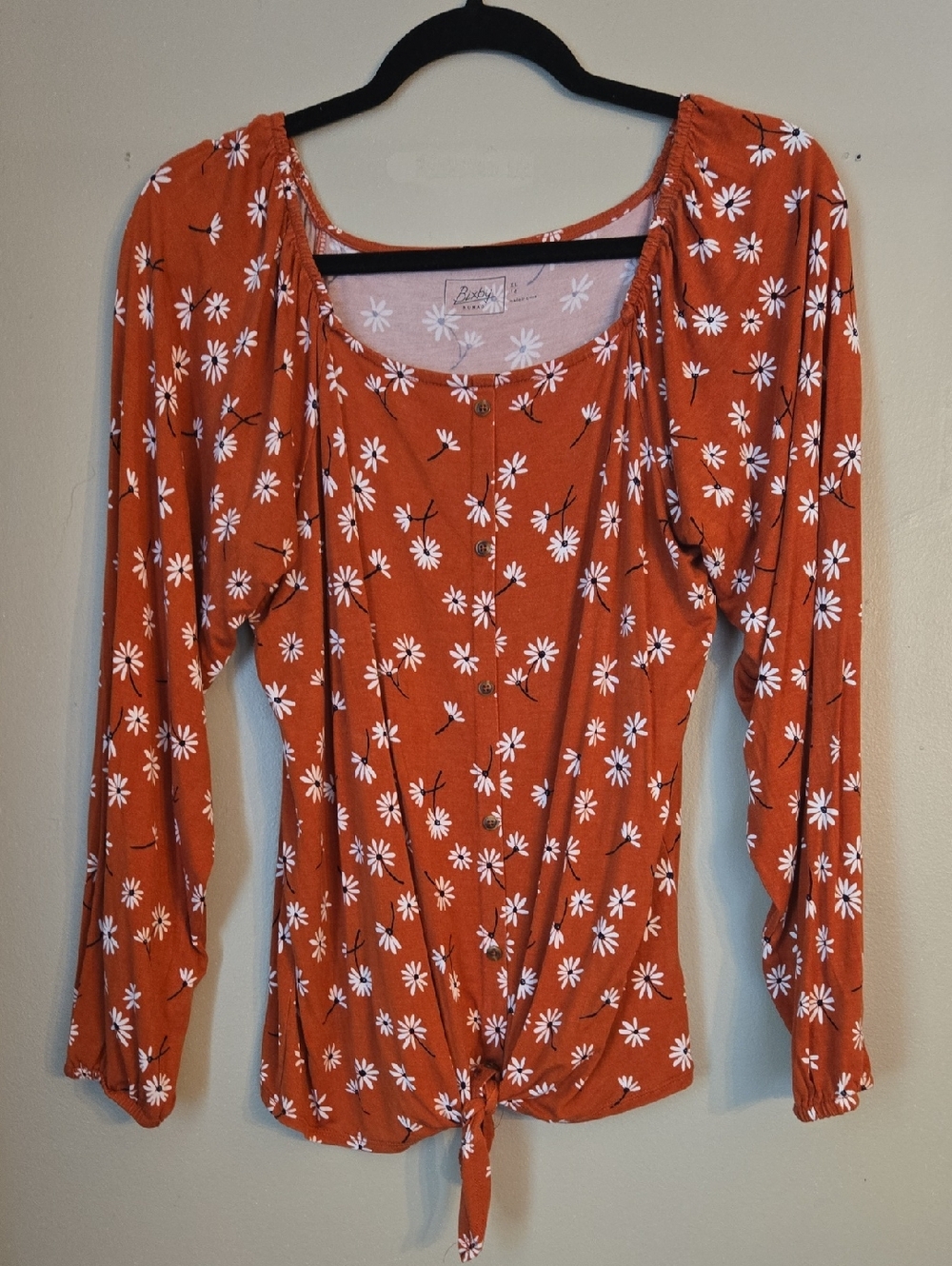Rust Floral Tie-Front Long-Sleeve Top